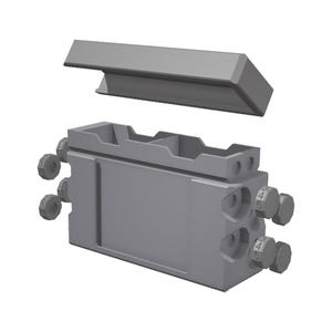Puede incluir: Un componente industrial gris con una tapa extraíble. El cuerpo principal tiene múltiples compartimentos y perillas ajustables con marcas numéricas. La pieza superior es rectangular e inclinada. El diseño sugiere una pieza mecánica o eléctrica.