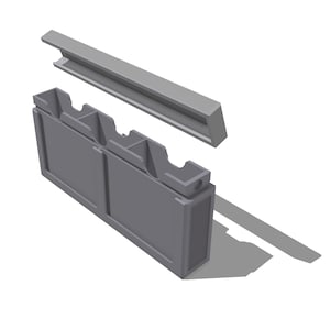 May include: A grey storage container with a separate lid. The container has multiple compartments and a textured panel on one side. The lid is a long, flat piece. The items are rendered in a 3D style.