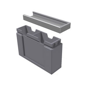 May include: A rectangular gray storage container with a matching lid positioned above it. The container features two internal compartments with curved cutouts along the top edges, designed for organizing small items in a structured, open-top box.