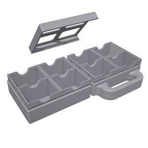 May include: A light gray plastic storage case featuring two open compartments, each divided into four square sections with curved cutouts on the walls. A matching rectangular lid with a cutout frame is positioned above the base, which includes a handle.