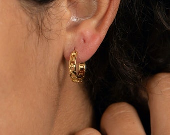 Cuban Link Mini Gold Hoops Earring, Jewelry, shiny Earring, gold curved Earrings