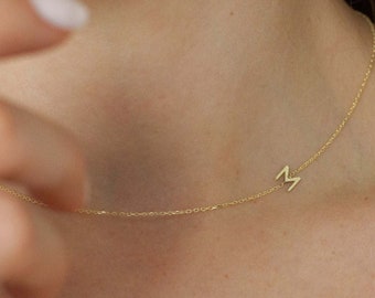 Sideways Initial Sterling Silver Gold Plated Necklace, Dainty Side Name Choker, Personalized Silver Cut Custom Name Jewelry