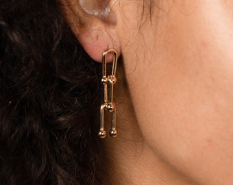 Gold Vermeil Shackle Lock Earrings, U-link Chain Dangle Gold Earrings, Gold Shackle Lock Earrings