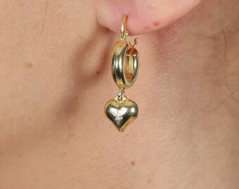 Heart Hoop Silver Earring, Letter Name İnitial Earrings, Gold Plated Sterling Silver Bouncy Heart Earrings