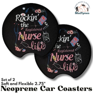 Nurse Car Coasters Set of 2 – Cute Nursing Gift for Her – Medical Theme Car Accessories – Funny RN Cup Holder Decor for Nurse Life
