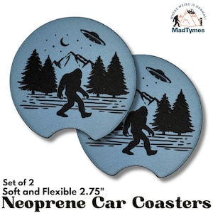 Sasquatch Area 51 Car Coasters(Set of 2)—Bigfoot Alien Cup Holder Inserts | Funny Cryptid UFO Gift for Men & Truck Accessories Decor #BF07