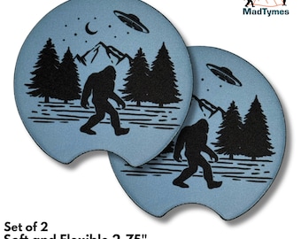 Sasquatch Area 51 Car Coasters(Set of 2)—Bigfoot Alien Cup Holder Inserts | Funny Cryptid UFO Gift for Men & Truck Accessories Decor