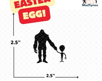 Bigfoot & Alien Vinyl Decal—Small Sasquatch UFO Easter Egg Sticker | Tiny 2.5" Cryptid Car Window Decal, Hidden Laptop Sticker Art #DCL-C01