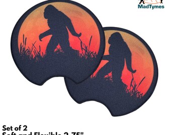Retro Bigfoot Car Coasters(Set of 2)—Sasquatch Vintage Sunset Cup Holder Inserts | 80s Style Gift for Men & Truck Accessories Decor