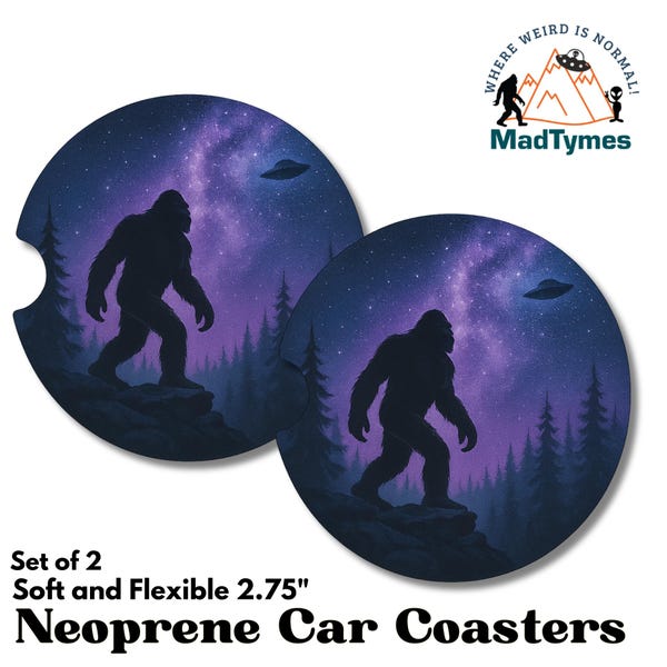 Bigfoot Galaxy Car Coasters(Set of 2)—Sasquatch Space Nebula Cup Holder Inserts | Purple Starry Cryptid Gift for Men & Truck Decor #BF08