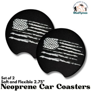 Distressed American Flag Car Coasters – Set of 2 Neoprene USA Patriotic Cup Holder Inserts – Gifts for Him, Her, Veterans, Drivers