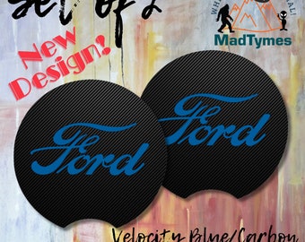 Ford Car Coasters Set of 2 Ford Logo Carbon Fiber Look Retro Ford Logo Car Coasters Cup Holder Coasters New Ford Gift Stocking Stuffer Gift