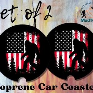 Big Foot with American Flag, Colorful, Believe in Yourself, CAR Coaster Funny, Car Coasters set of 2, Patriotic Big Foot Car Coasters