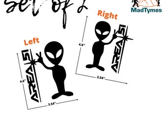 Mirrored Alien Vinyl Decal Set—Left & Right Area 51 Peace Out Sticker | Custom Color UFO Truck Window Decals, Sci Fi Pair Art #DCL-A61