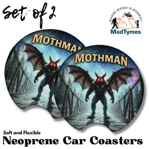 Mothman Car Coasters(Set of 2)—Point Pleasant Bridge Cryptid Decor | Red Eyes Mothman Cup Holder Inserts, West Virginia Myth Gift #MM02