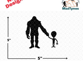 Bigfoot and Alien Best Friends Decal—Sasquatch Holding Hands with Grey Alien Sticker | Cute Cryptid Car Window Decal, UFO Believer #DCL-C05