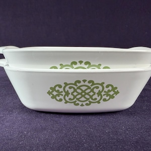 2 Petite Pan Individual Baking Dishes, Corning Ware P-41 Green Medallion | 1.5 cups Single-serve