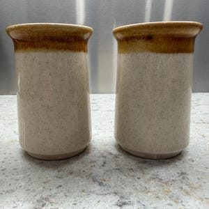 May include: Two ceramic vases with a speckled beige body and a brown rim. The vases are cylindrical and have a slightly flared top. They are sitting on a speckled countertop.
