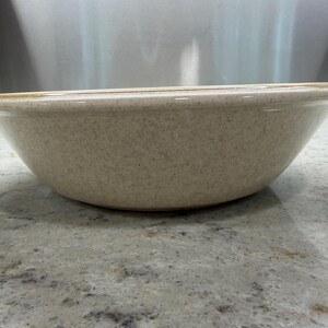 May include: A speckled beige ceramic bowl with a wide rim. The bowl has a rounded shape and a slightly flared lip. The exterior has a textured appearance, and the rim has a darker, tan-colored band.