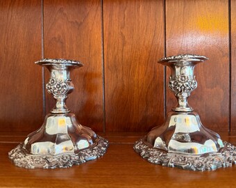 Silver Plate Repousse Candlesticks Pair, Vintage 1960s, Violet Floral Design