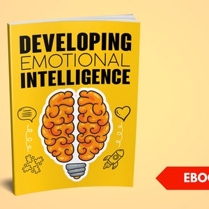 May include: Yellow ebook cover with the title "Developing Emotional Intelligence" in black text. The cover features a cartoon brain inside a lightbulb with various doodles around it.