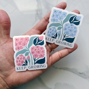 Blijf groeiende sticker hortensia, motiverende citatenbloem, inspirerend bloemdessin voor zelfzorg, dankbaarheidsdagboek, dagelijkse wellnessplanner
