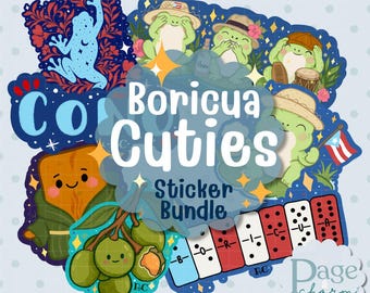 May include: A sticker bundle featuring various illustrations including frogs wearing hats, a piece of pasteles, quenepas, and dominoes with the text Boricua Cuties Sticker Bundle and Page & Charm Gift Shop. The stickers have blue, green, and red accents.