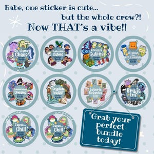May include: A collection of ten circular sticker bundles featuring various graphic themes and text, including Se Llama Chaos, Boricua Cuties, and Bruja Era. A blue sign at the bottom right displays the text: Grab your perfect bundle today!