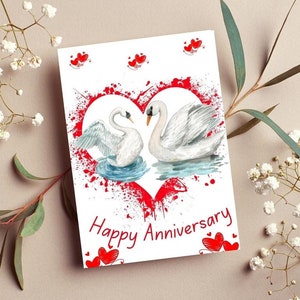 Biglietto d'auguri per l'anniversario stampabile Swans in Love, download istantaneo, biglietto da 7x5 pollici, biglietto per l'anniversario, regalo per lei o per lui