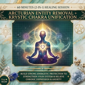 Puede incluir: Un gráfico digital que muestra la silueta de una persona en posición de meditación con un corazón brillante, rodeada de símbolos de chakras y patrones geométricos. El texto dice: 60 MINUTES (2-IN-1) HEALING SESSION ARCTURIAN ENTITY REMOVAL + KRYSTIC CHAKRA UNIFICATION.