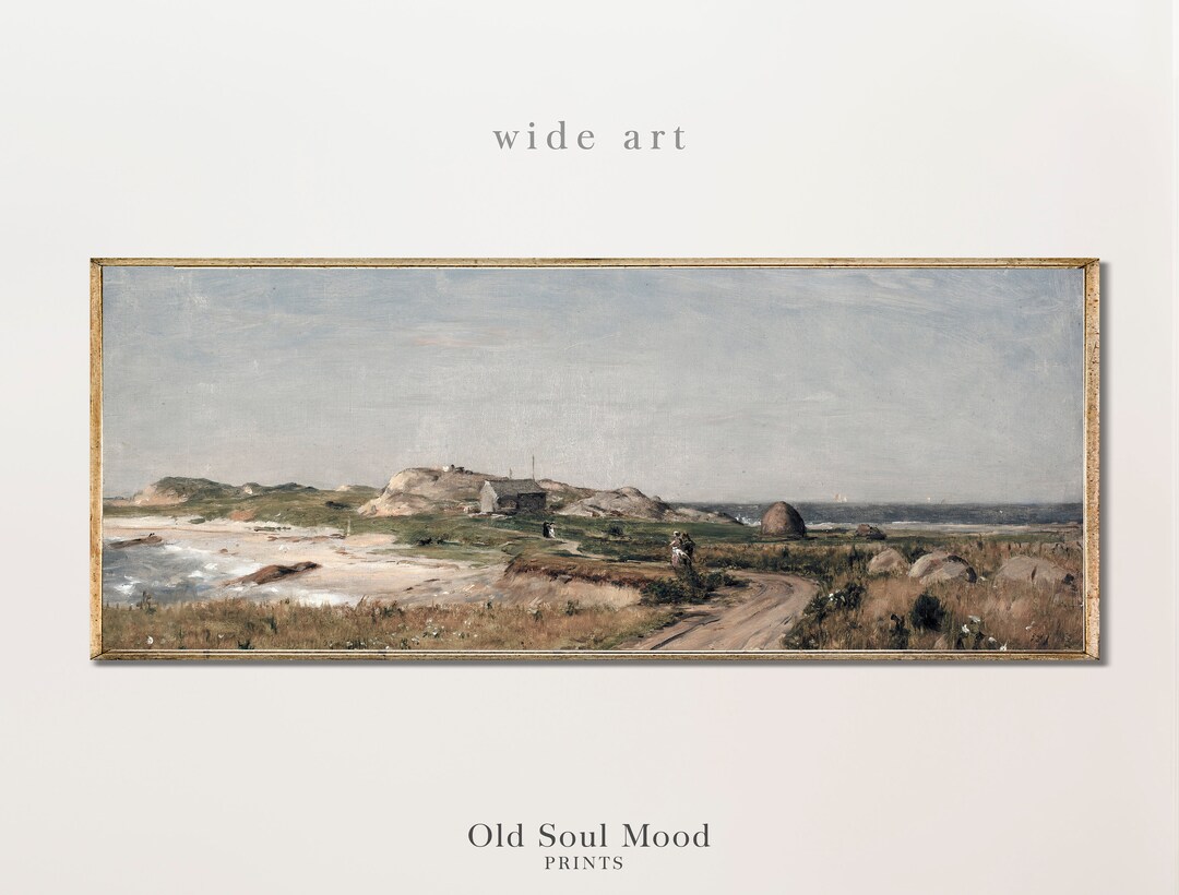 Long Landscape Painting, Vintage Coastal Painting, Antique Panoramic