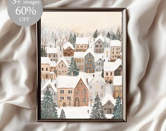 Winterdorf Kunst, Weihnachtsdorf Malerei, Vintage Winterszene, Winterurlaub Haus Druck, Urlaub Dekor, Winter Stadt, süßes Dorf