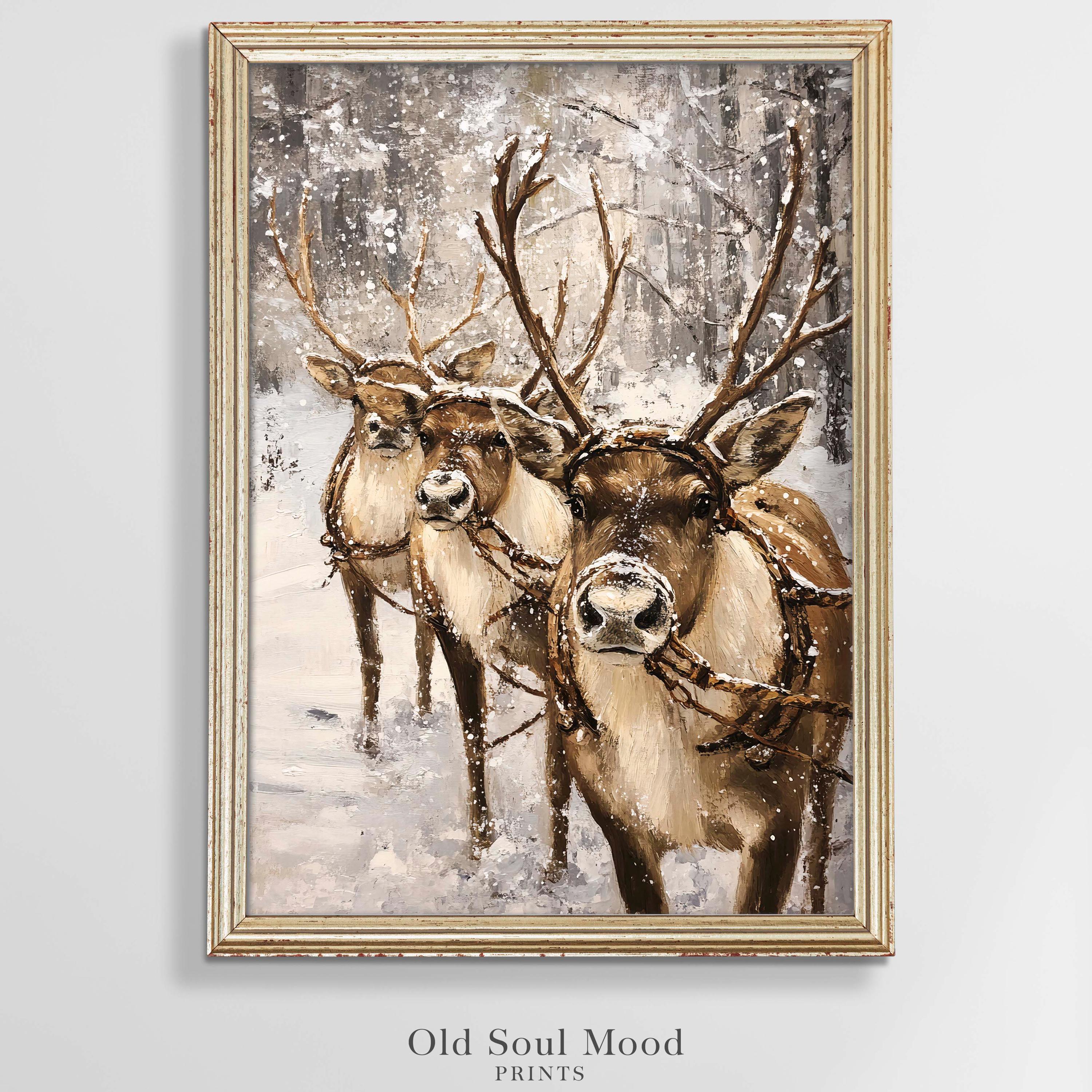 Vintage Deer Printable Wall Art, Rustic Reindeer Print, Antique Snowy ...