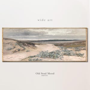 Lange Landschaftsmalerei am Meer, Strandbild, Strandbild, Panoramagemälde, horizontale stimmungsvolle Töne Wandkunst, DRUCKBARE VINTAGE-KUNST,