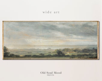 May include: A wide landscape painting with a muted color palette. The painting depicts a field with trees and a distant horizon. The sky is a soft blue with white clouds. The painting is framed in a gold frame.