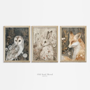 3er Set Waldtiere, Hase Poster, Fuchs Kunst, Eulen Druck, Dark Academia, Dark Cottagecore Decor, Fox Forest Kinderzimmer Wandkunst