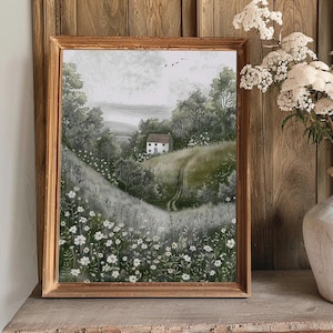 Illustration of Warm Scottland Cottage Art Print, A Cute Cottage in a Meadow, Summer England Landscape Poster, Countryside art PRINTABLE