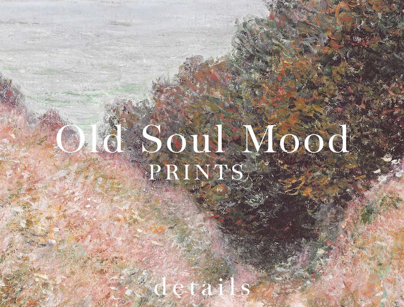 Pu&ograve; includere: Un dipinto di un paesaggio con un'estensione d'acqua sullo sfondo e un campo di fiori in primo piano. Il testo "Old Soul Mood Prints" &egrave; al centro dell'immagine.