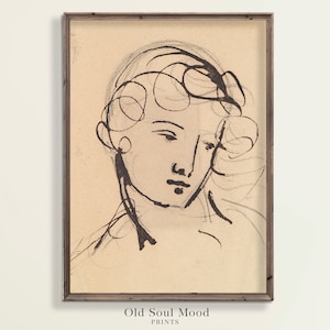 Vintage Sketch Print, Antique Portrait Sketch, Minimalist wall art, Vintage Line Art, Woman Portrait Sketch, Lady drawing, Farmhouse Decor