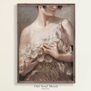 Woman Portrait Oil Painting, Vintage Flowers Art, Romantic Female Portrait, Daisy Lady Figure Print, PRINTABLE VINTAGE ART, Oil Portrait