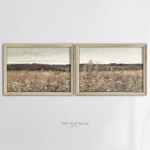 Wall Art Set of 2 Neutral Landscape, Wildflower Landscape Painting set of Two, Antique Horizontal 2 Pieces Wall Art, Split Panel Printable