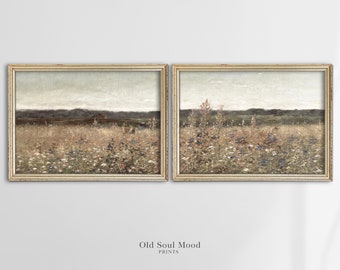 Wall Art Set of 2 Neutral Landscape, Wildflower Landscape Painting set of Two, Antique Horizontal 2 Pieces Wall Art, Split Panel Printable