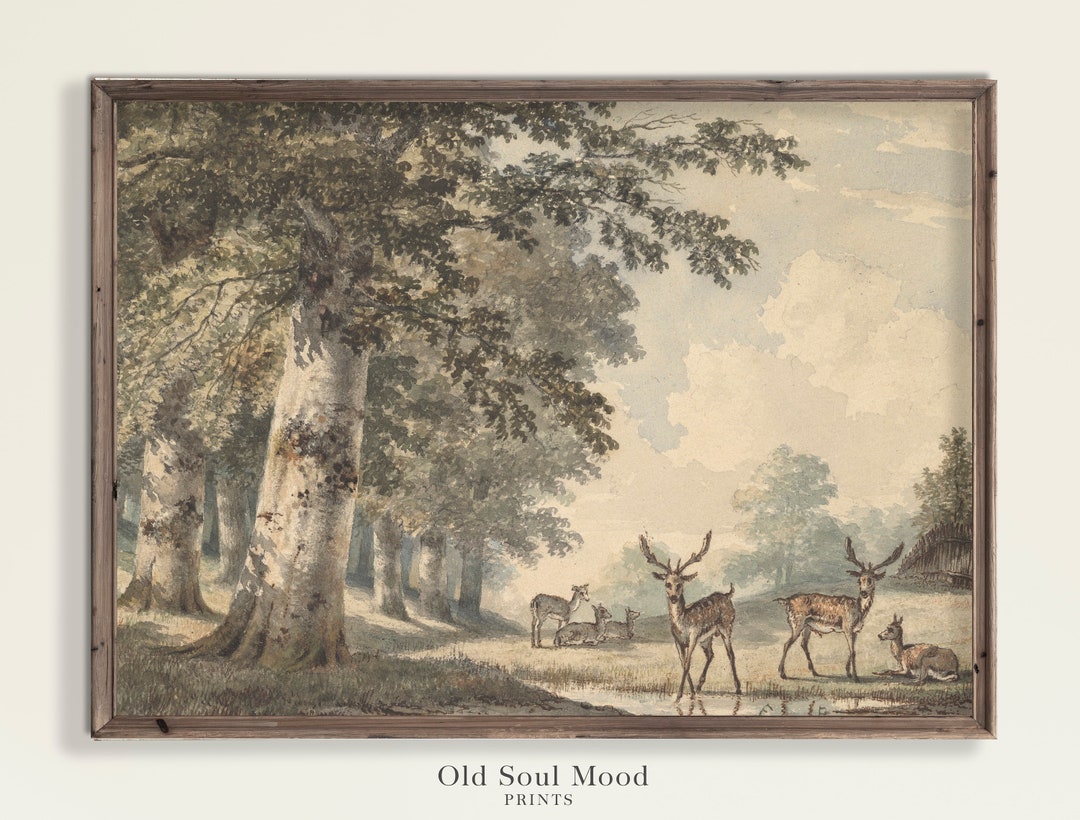 Vintage Deer Painting, Rustic Woodland Landscape Art (digital Download ...