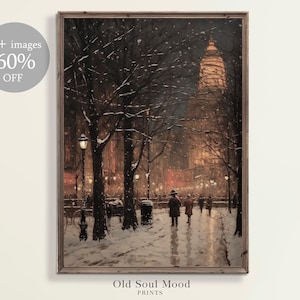 Winter Cityscape Vintage Moody Printable art, Winter Cityscape Dark Antique oil Painting, Farmhouse Christmas Decor