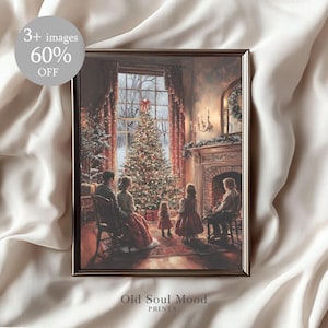 Arte de pared navideño vintage, pintura de árbol de Navidad, decoración festiva de cabañas, arte de pared de invierno, póster navideño, impresión de árbol de Navidad