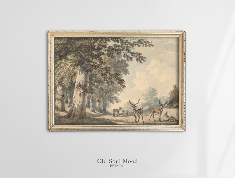 Vintage Deer Painting, Rustic Woodland Landscape Art (digital Download ...
