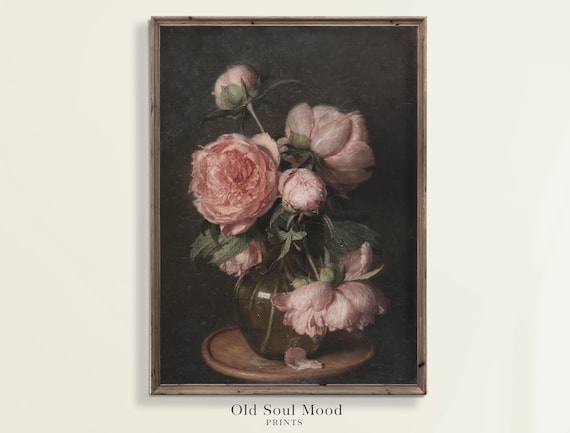 Moody Floral Painting Vintage Rose Print Bouquet Wall Art - Etsy