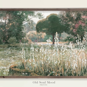 Vintage Painting Garden Landscape, French Country Cottage Landscape, Flower Garden Painting, Cottage Art Print, Garden Oil Painting, digital