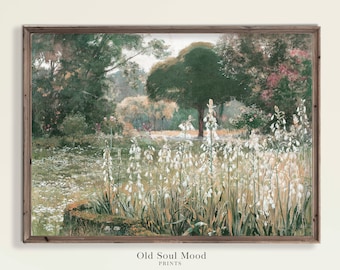 Vintage Painting Garden Landscape, French Country Cottage Landscape, Flower Garden Painting, Cottage Art Print, Garden Oil Painting, digital