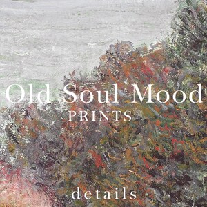 Pu&ograve; includere: Un dipinto di una scogliera rocciosa con un oceano verde e blu sullo sfondo. Il testo "Old Soul Mood Prints" &egrave; scritto in bianco sulla scogliera. Il testo "details" &egrave; scritto in bianco nella parte inferiore dell'immagine.